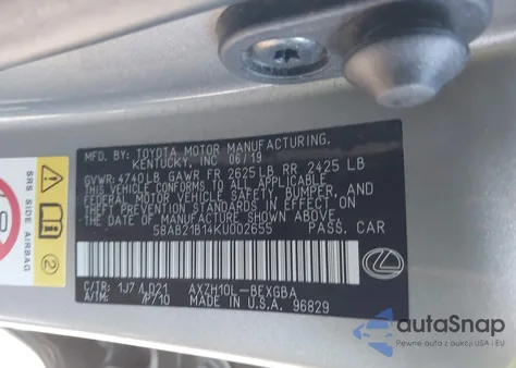 2019 Lexus Es 300H из США, поврежденный, VIN 58AB21B14KU002655